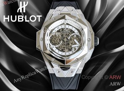 High Quality Replica HUBLOT BIG BANG SANG BLEU II Black Fluororubber Strap White Skeletonized Geometric Face Dial Titanium With Diamond-Set Case Watch 45mm